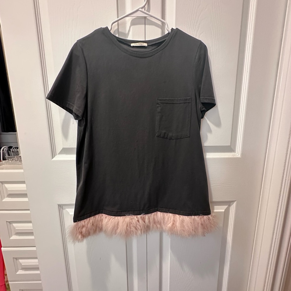 Zara Black Tee with Pink Feather Hem